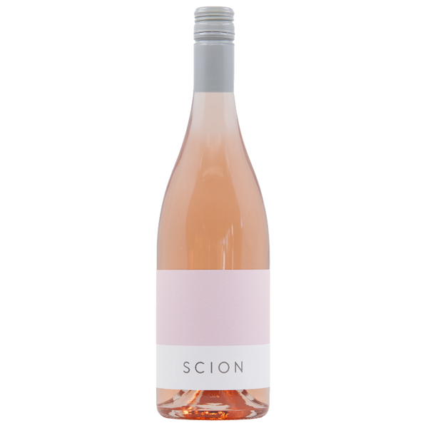 Bottle of rose wine with Scion pink label